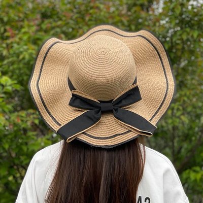 夏季女士遮陽帽戶外旅游沙灘遮陽帽圓頂大檐太陽帽蝴蝶結草帽