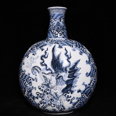 明宣德青花海怪紋扁瓶，高45cm直徑34cm，編號15 瓷器 古瓷 古瓷器