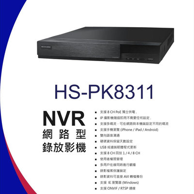 昇銳HS-PK8311/H.265/8CH八路POE網路型監控主機/錄放影機
