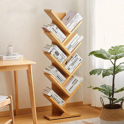 限時樹形書架置物架落地靠墻創意小型收納架簡易小書柜客廳儲物架家用-優品