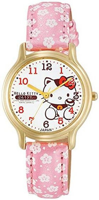 Citizen Q&Q【日本代購】 手錶指針式Hello Kitty 防水皮革錶帶日式花紋日本製造0007N003 女士粉色