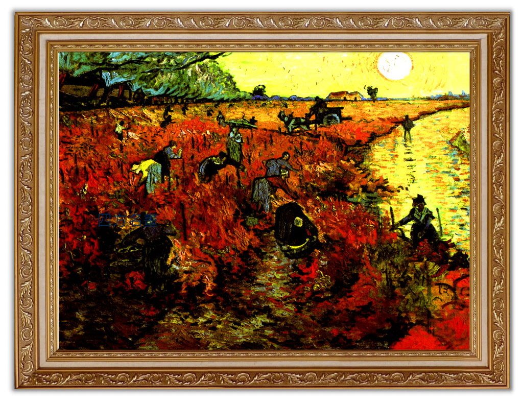 四方名畫:48X65CM 文森.梵谷Van gogh 94紅色葡萄園含實木框/厚無 