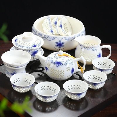 青花瓷玲瓏茶具套裝蜂窩鏤空整套陶瓷功夫茶具茶壺茶杯茶具禮盒裝