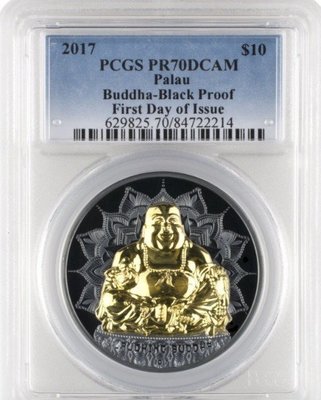 【海寧潮現貨】帕勞2023年彌勒佛高浮雕鍍金黑色銀幣PCGS-PR70