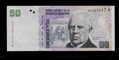 【低價外鈔】阿根廷ND(2014) 年 50 PESO 紙鈔一枚，p356(7)版本，H系列，絕版少見~