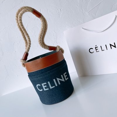 現貨-CELINE 春夏新款 牛仔藍水桶包 麻繩手提包 經典復古 尺寸:19X24cm 含購證簡約