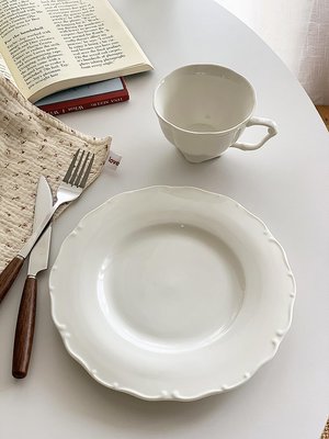 外貿出口 法式ins簡約浮雕花邊陶瓷下午茶咖啡杯餐盤子