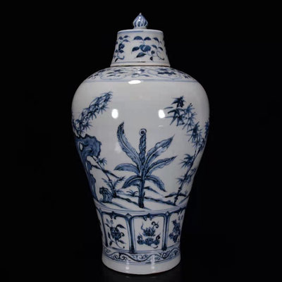 中國古瓷 明柴窯青花芭蕉紋梅瓶40*21m7000RT-7573