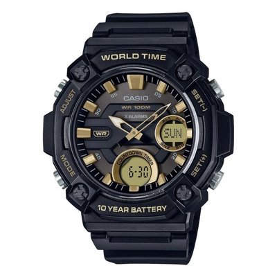 【金台鐘錶】CASIO卡西歐 指針雙顯錶 10年電力 碼錶 倒數計時(金) AEQ-120W-9A