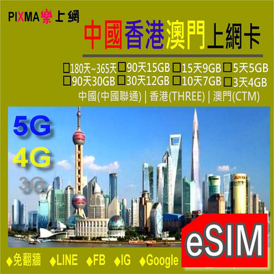 中國eSIM上網 大陸上網中國澳門香港數位上網eSIM 1天~365天吃到飽 深圳成都上海杭州西藏上網 免翻牆免VPN