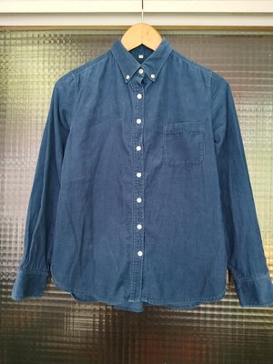 日本品牌 Muji 無印良品青藍色法蘭絨直紋長袖襯衫上衣(女)