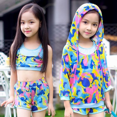 【小阿霏】兒童三件式泳衣 女童藍粉迷彩保守式比基尼罩衫泳裝 女孩防曬泳裝SW41