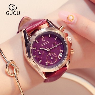 新款手錶女 百搭手錶女GUOU古歐多功能三眼大錶盤皮帶手錶學生女款紫色石英水鉆手錶