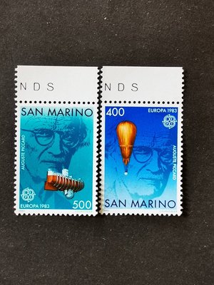 (C8977)聖馬利諾1983年歐羅巴 潛艇 熱氣球 發明(帶邊紙)郵票2全