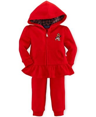 [絕對真品] 美國名牌 Ralph Lauren 溜冰小熊logo 紅色荷葉邊下擺 連帽內刷毛超保暖外套長褲套組 18M