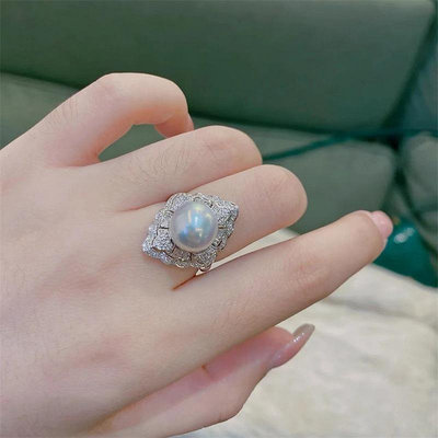Bling 奢華珍珠微鑲滿鑽戒指女法式復古ins高級感指環網紅款抖音小紅書