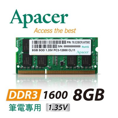 《SUNLINK》Apacer 宇瞻 8G 8GB DDR3L-1600 1.35V 筆記型記憶體