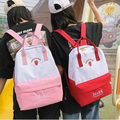 FINDSENSE X 韓國 女款 流行時尚 草莓刺繡 大容量 防水 少女帆布包包 學生書包 雙肩包 後背包