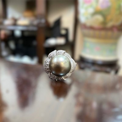 【祥龍】14mm大溪地黑珍珠鑲嵌天然鑽石戒指
