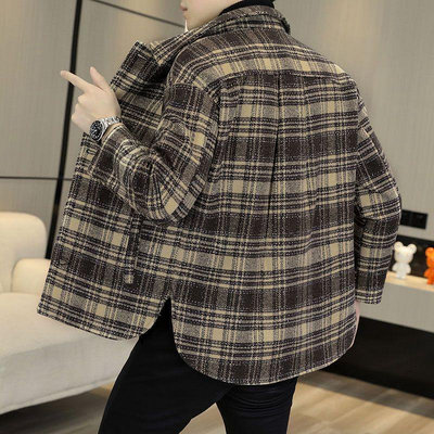 2024春季新款男士夾克擴版外套寬松格子帥氣時尚短款潮流百搭上衣