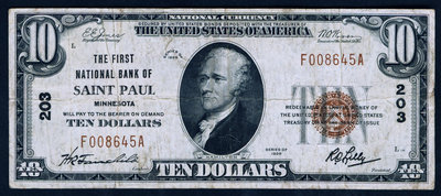 【鑒 寶】（外幣收藏） 美國 1929年版10美元 國民銀行券 (聖保羅第一銀行)8成左右品相！ MYZ588
