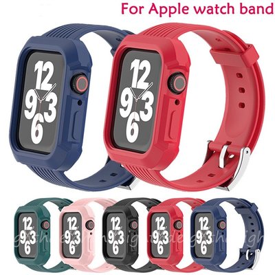 適用於 iWatch 系列 7 6 SE 5 4 3 2 1 錶帶的矽膠運動錶帶 + 保護套橡膠錶帶 Apple Wat