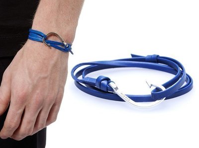 MIANSAI 紐約設計 美國製造 手工手鍊 義大利 優雅電子藍真皮革 銀魚鉤 手環 簡約設計 GQ推薦 全新正品現貨