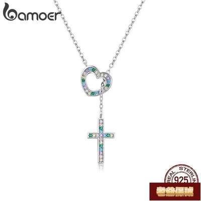 【老爺保號】Bamoer 925 銀項鍊可調鏈 42.5Cm 長度愛心十字架吊墜時尚珠寶婦女 BSN244