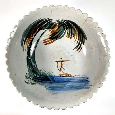 《NATE》台灣懷舊早期【椰子樹 帆船 手繪大碗公】~椰樹帆影~老碗盤