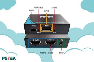 @米傑企業@HDMI一進二出廣播分配器PSTEK HSP-2222P HDMI2.0 2埠分配器(含聲音輸出)