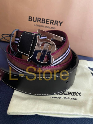 L-store 現貨 全新真品 BURBERRY 經典條紋尼 龍布 牛皮拚接 3.5cm TB logo 皮帶 僅有一條