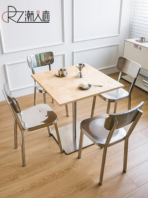 居家佳:北歐樺木海洋板圓桌家用餐桌簡約代小戶型吃飯桌子不銹鋼方桌子 自行安裝