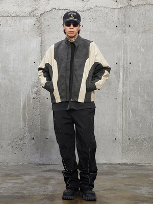 F2CE解構拼色重磅立領皮衣做舊寬松機車皮夾克男廓形vibe休閑外套