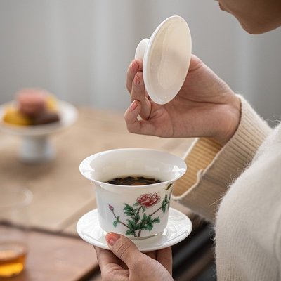 羊脂玉蓋碗茶杯單個三才蓋碗白瓷茶碗大號陶瓷功夫茶具家用泡茶碗茶具茶盤超夯 正品 現貨