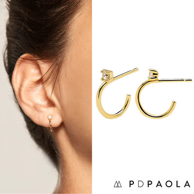 PD PAOLA 西班牙時尚潮牌 迷你C型耳環 金色白鑽 925純銀鑲18K金 KITA