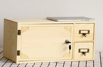 4494A 木質帶鎖收納盒 二抽屜收納盒桌面整理盒 可鎖桌面置物櫃儲物櫃抽屜盒