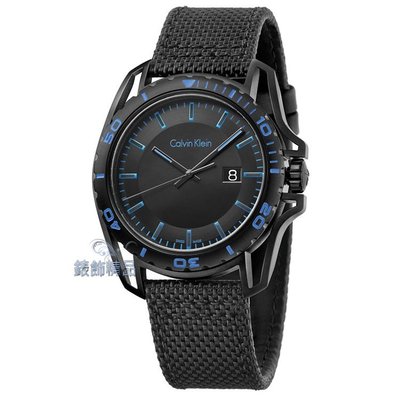【錶飾精品】CK錶 K5Y31YB1 紳士運動款 日期 黑面黑框藍時標 黑帆布皮帶男錶 全新原廠正品