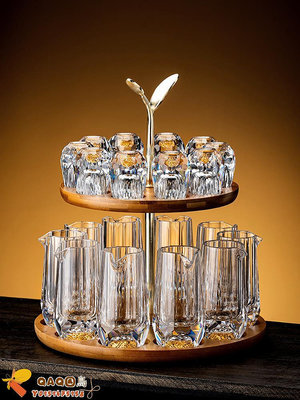 高檔輕奢水晶金箔白酒杯家用套裝中式切面分器一口玻璃酒杯禮盒裝.