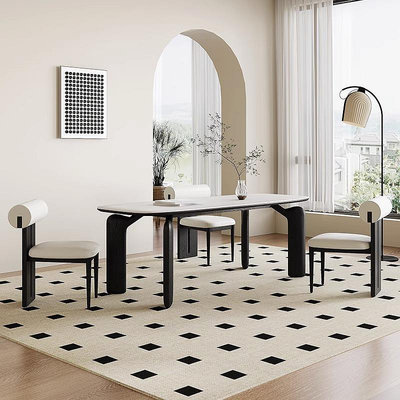 復古法式奶油風實木餐桌椅組合現代簡約家用小戶型長方形巖板餐桌