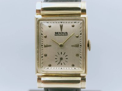 【發條盒子H0002】BENRUS 美國紐約自創品牌 方型米面 14k金手上鍊小秒針 經典老錶款