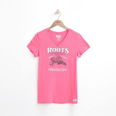 ROOTS 女款 LOGO 休閒 V領 短T 吸濕排汗 運動 粉紅 短袖T恤