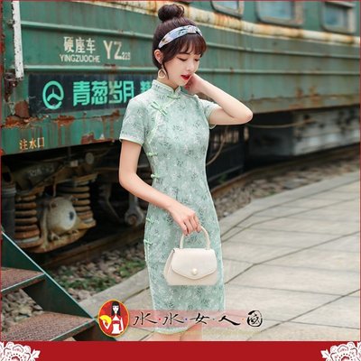 改良旗袍年輕款少女日常中國風法式棉麻小個子短袖連衣裙洋裝-綠芯-水水女人國