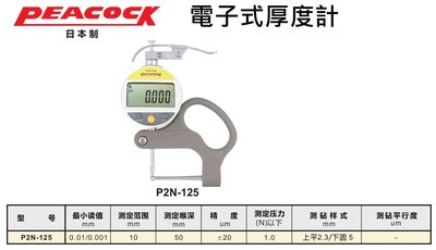 PEACOCK 電子式厚度計 數位式厚度計 P2N-125