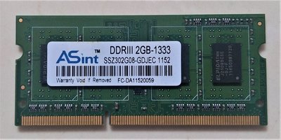 電腦 筆電 Asint 昱聯科技 DDR3 2GB 1333雙面顆粒 記憶體 筆記型電腦 專用 記憶體 1條