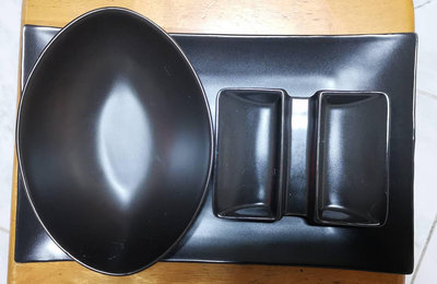 陶瓷日式和風黑色餐具套組雙小碟長方盤雞蛋碗(3個一組)