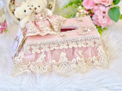 粉紅玫瑰精品屋~可愛熊高檔蕾絲面紙盒~