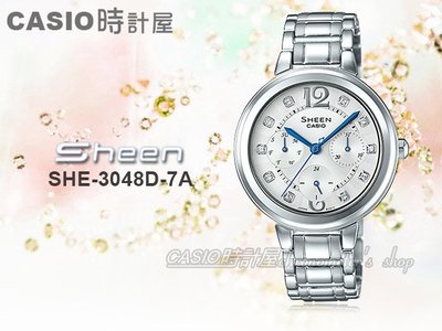 CASIO 時計屋 卡西歐手錶 SHEEN SHE-3048D-7A 女錶 不鏽鋼錶帶 防水 一觸式3倍扣 定期報時