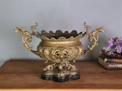 【卡卡頌  歐洲古董】19世紀 法國百年 大理石 雙鳥 銅雕 花器 銅花瓶 古董 銅器 m0701 ✬