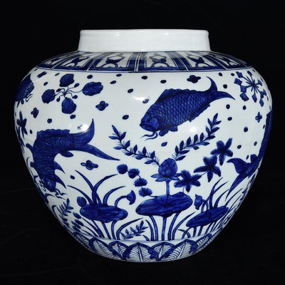 明嘉靖青花魚藻紋罐，29×38，:78004077