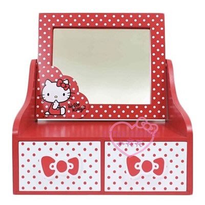 ♥小花花日本精品♥Hello Kitty 木製桌上型化妝鏡雙抽收納盒~3
